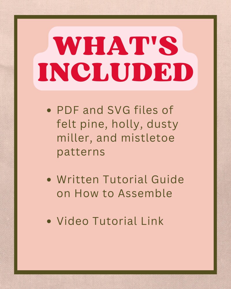 Felt Winter Stems SVG and PDF Pattern and Tutorial, Felt Pine, Felt Holly, Felt Mistletoe, Felt Dusty Miller, Digital Download