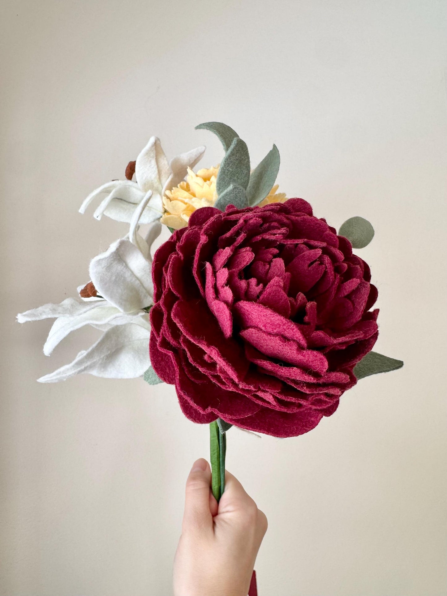 Felt Valentine's Bouquet, Felt Peony, Dahlia, Lily, and Carnation Arrangement